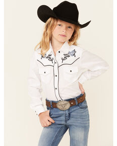 Ely Walker Girls' White Floral Embroidery Long Sleeve Snap Western Shirt , White, hi-res