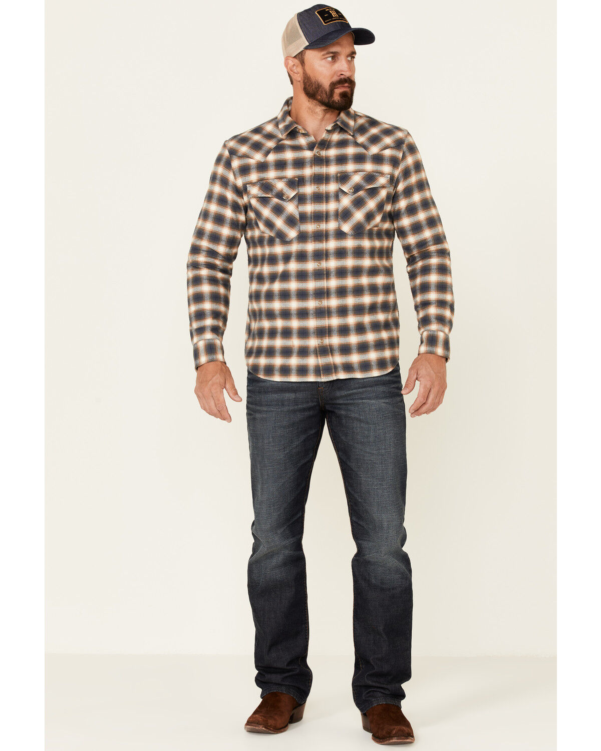 Image #2 - Pendleton Men's Navy Wyatt Small Plaid Long Sleeve Snap Western Shirt, Navy, hi-res
