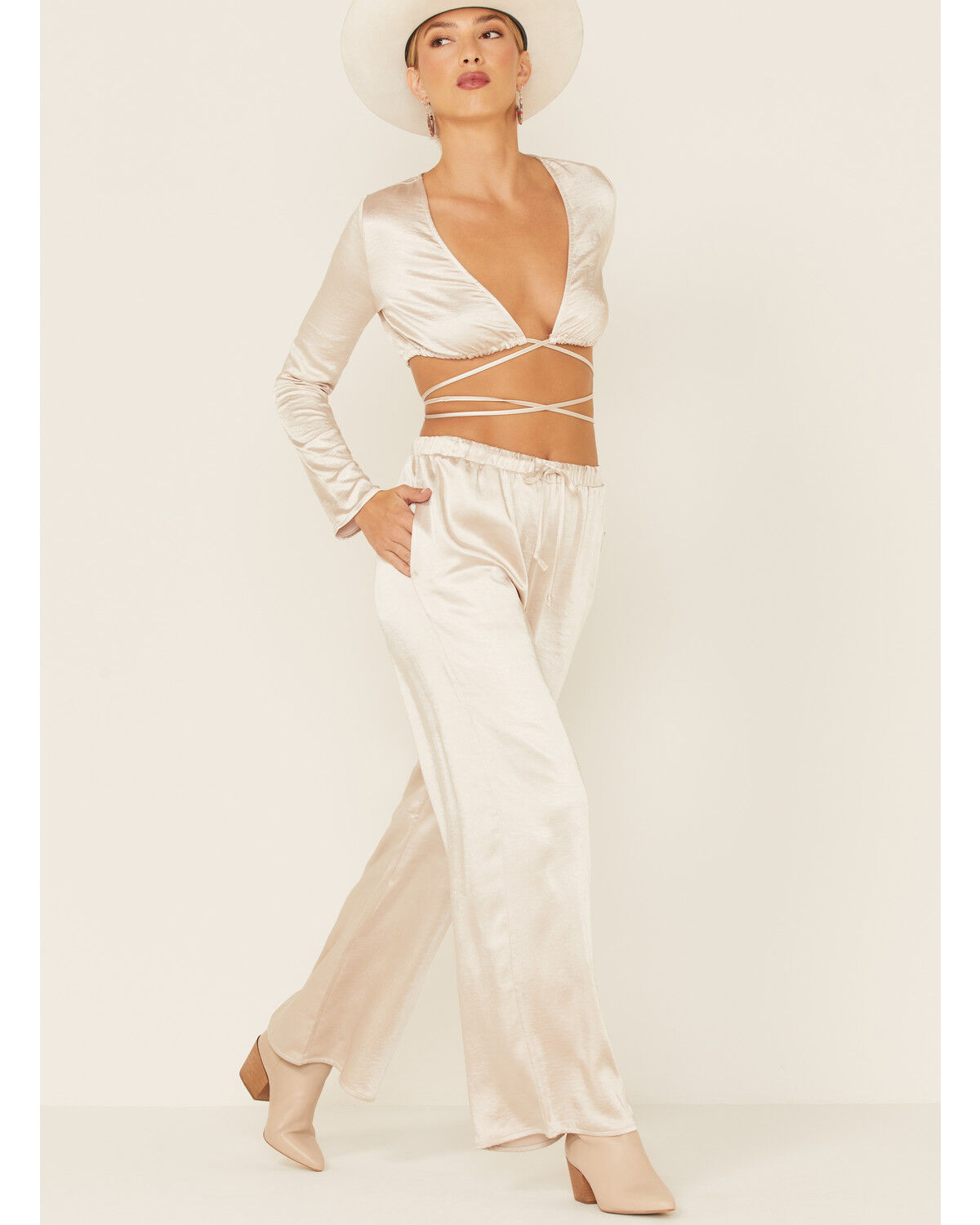 Image #2 - The Now Women's Lily Wrap Long Sleeve Crop Top, Cream, hi-res