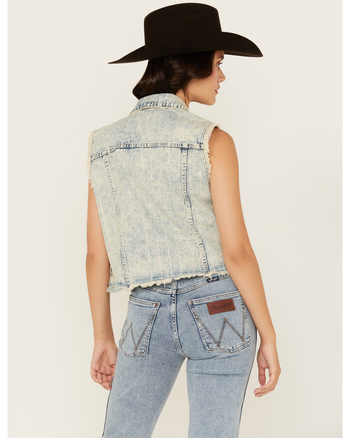 Image #4 - Veveret Women's Light Wash Denim Rhinestone Vest, Light Wash, hi-res