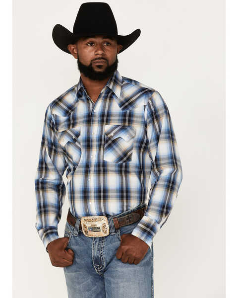 Image #1 - Ely Walker Men's Plaid Print Long Sleeve Pearl Snap Western Shirt, Blue, hi-res
