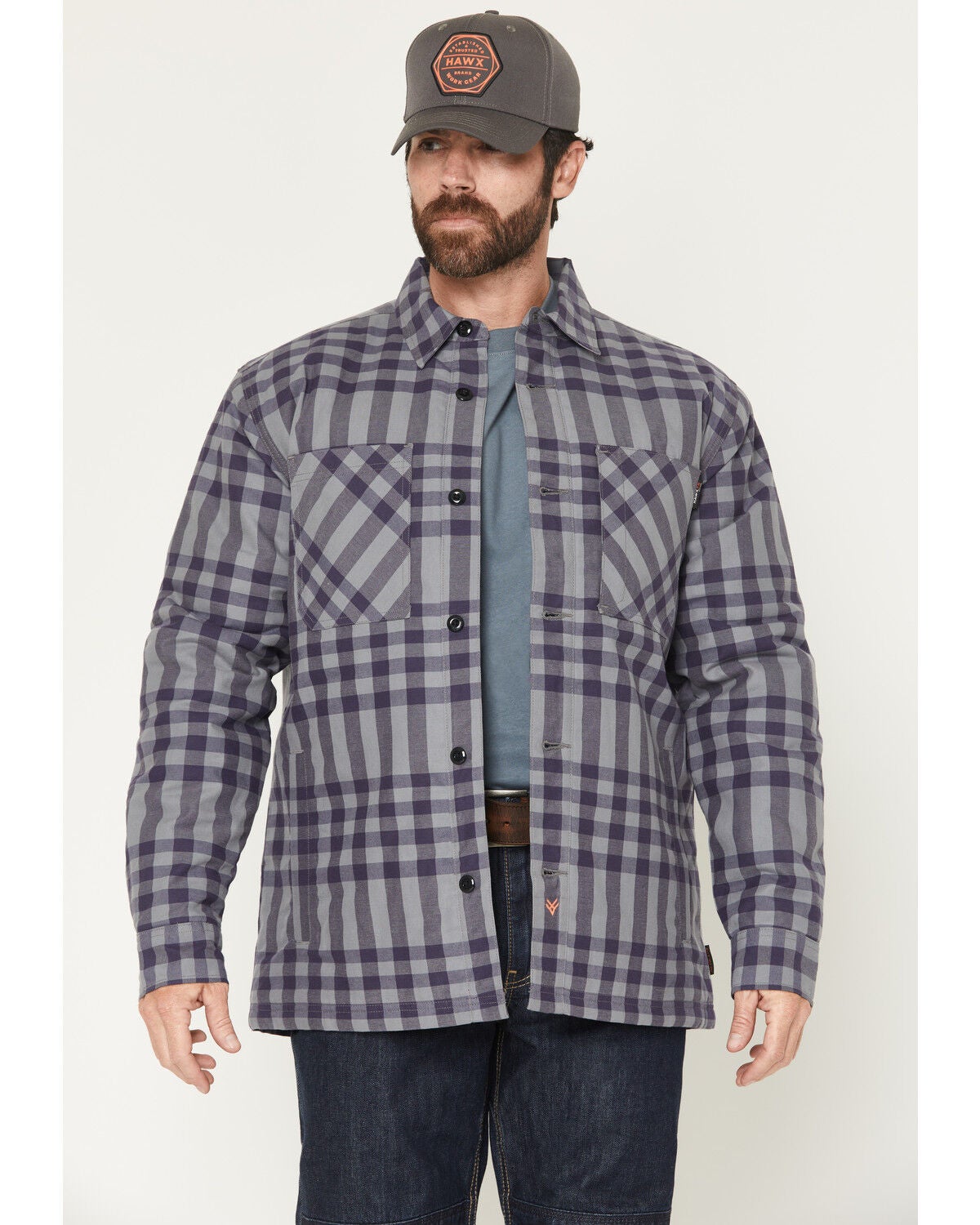 Hawx Men's FR Fulton Plaid Print Button-Down Work Shirt Jacket, Medium Grey, hi-res