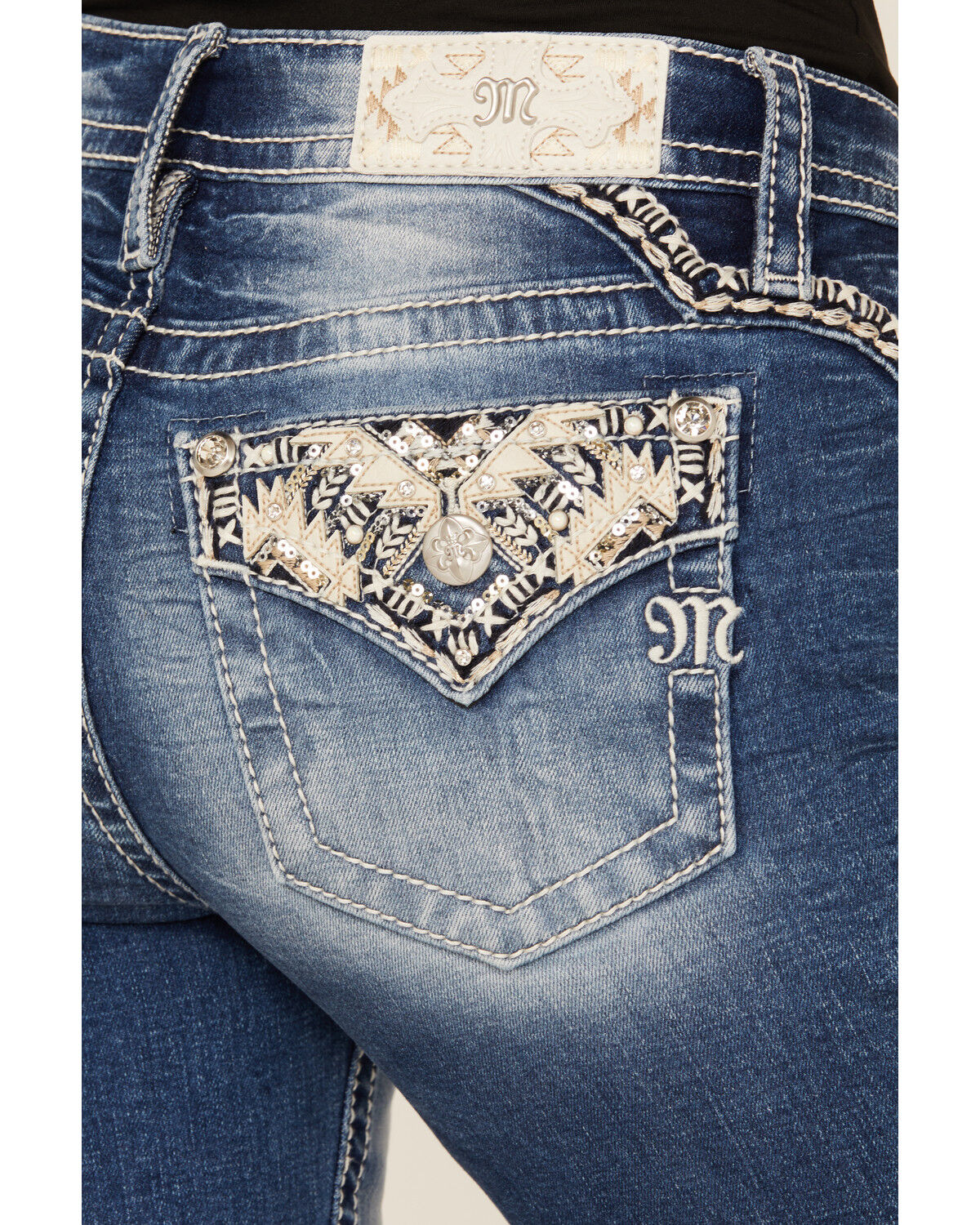 Image #2 - Miss Me Women's Medium Wash Mid Rise Southwestern Print Pocket Bootcut Stretch Denim Jeans, Medium Wash, hi-res
