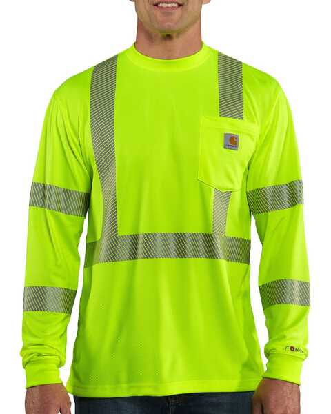 Image #1 - Carhartt Force Men's High-Visibilty Class 3 Long Sleeve Work T-Shirt, Lime, hi-res