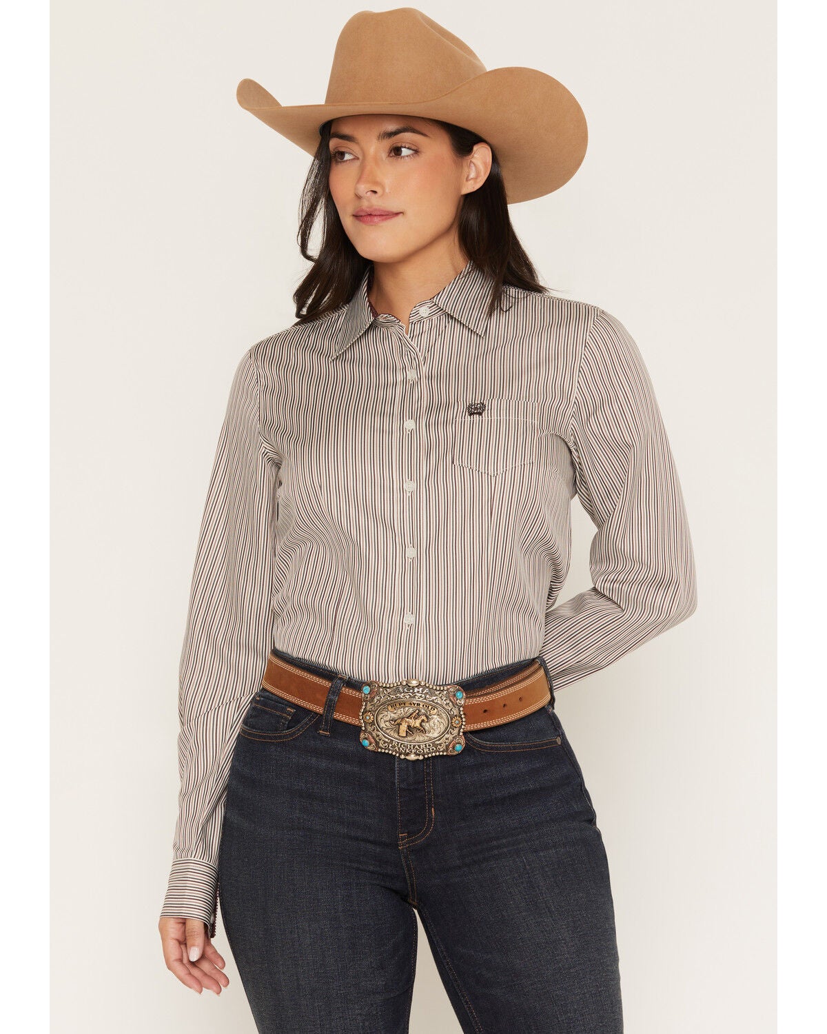 Cinch Women's Striped Long Sleeve Button-Down Western Shirt, White, hi-res