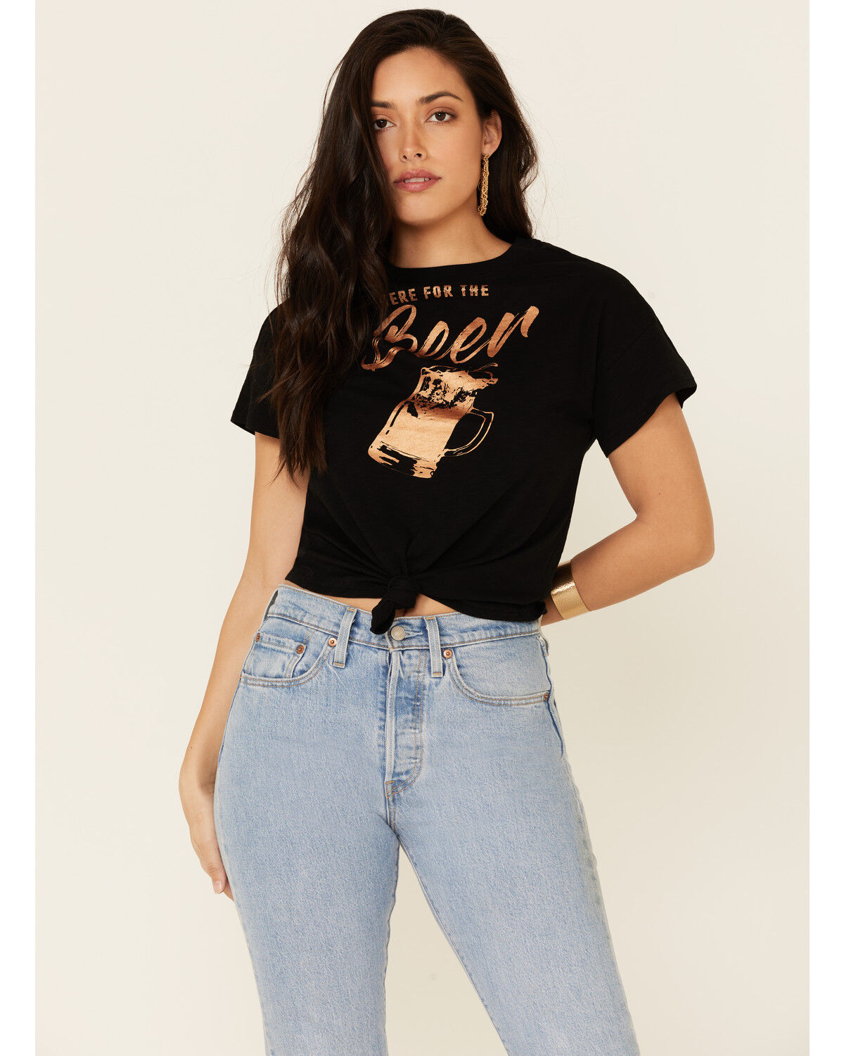 Image #1 - Shyanne Women's Here For The Beer Graphic Tie-Front Short Sleeve Tee, Black, hi-res