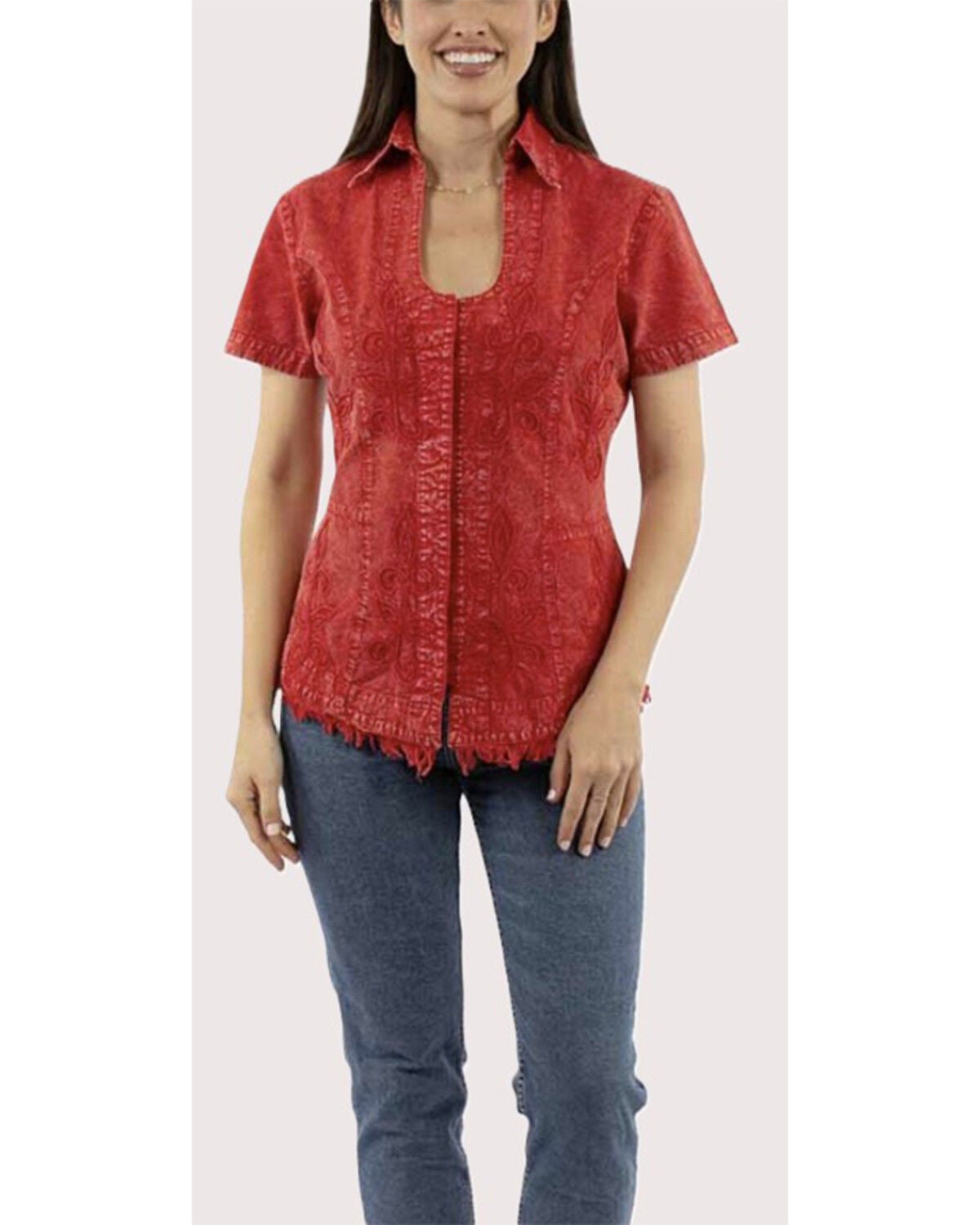 Image #1 - Scully Women's Short Sleeve Embroidered Cantina Blouse, Red, hi-res