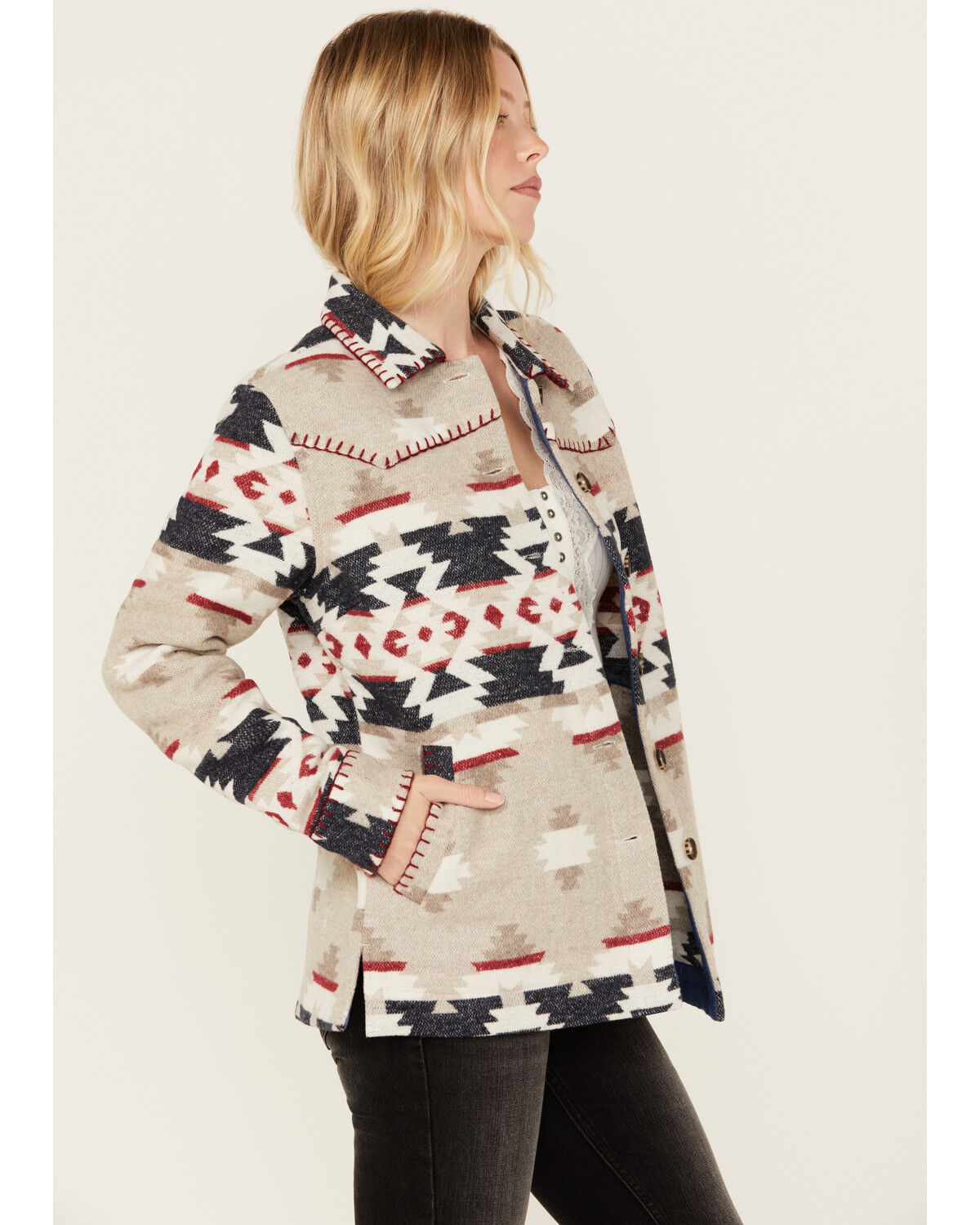 Image #3 - Idyllwind Women's Esterbrook Southwestern Print Blanket Shacket, Steel Blue, hi-res