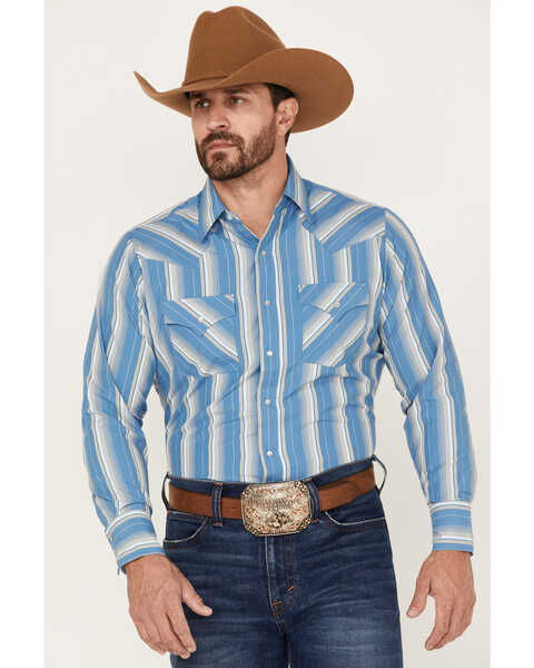 Ely Walker Men's Striped Long Sleeve Pearl Snap Western Shirt, Blue, hi-res