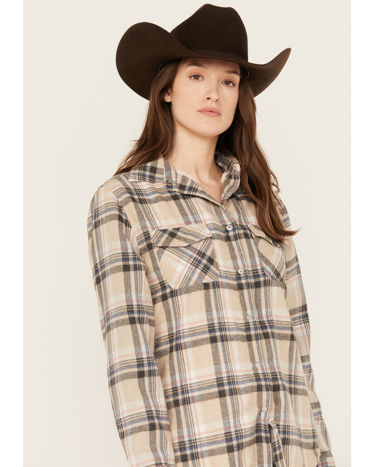Image #2 - Stillwater Supply Women's Plaid Print Sherpa Lined Shacket, Cream, hi-res