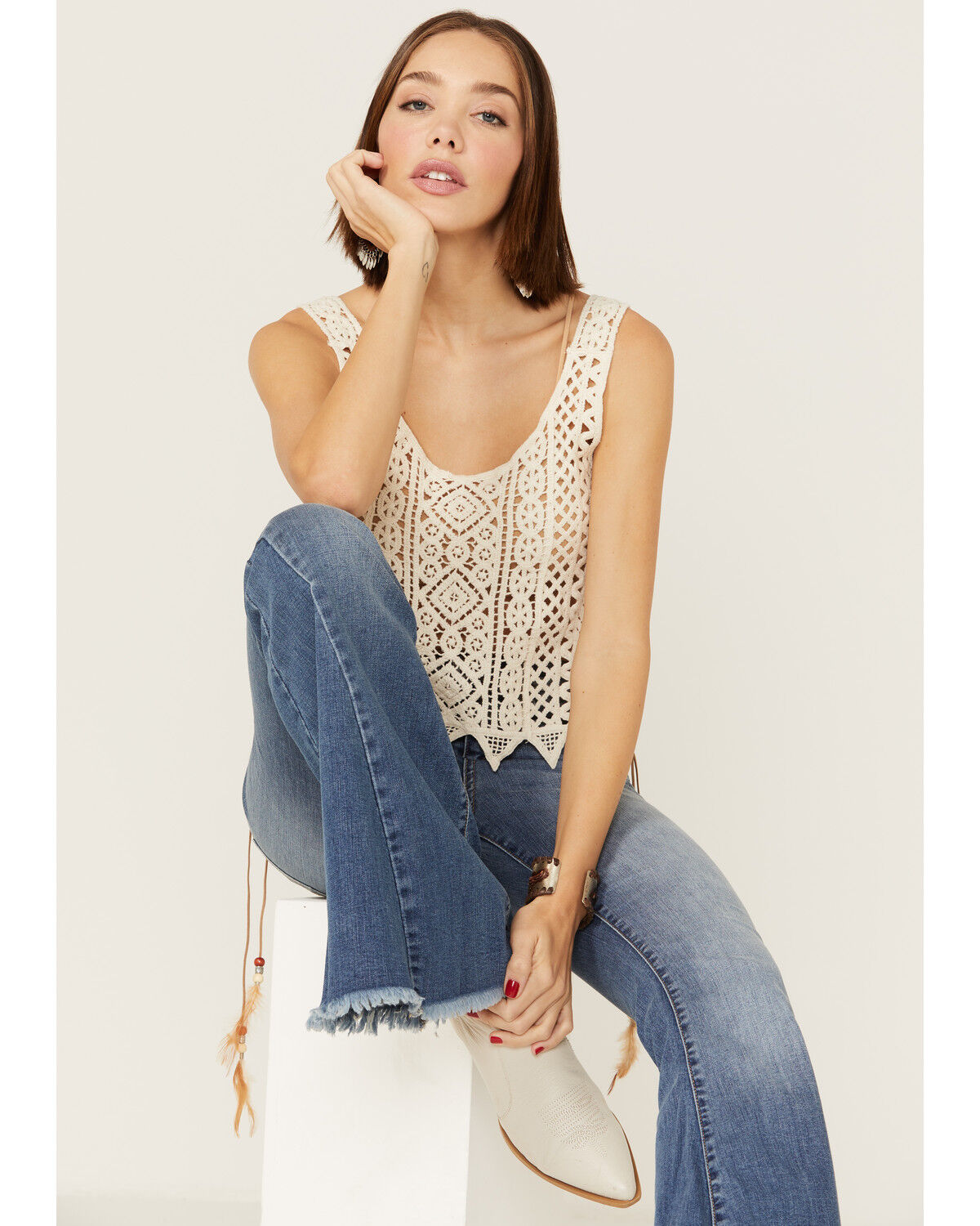 Image #4 - Saints & Hearts Women's Natural Crochet Side Feather & Beads Tank Top, , hi-res