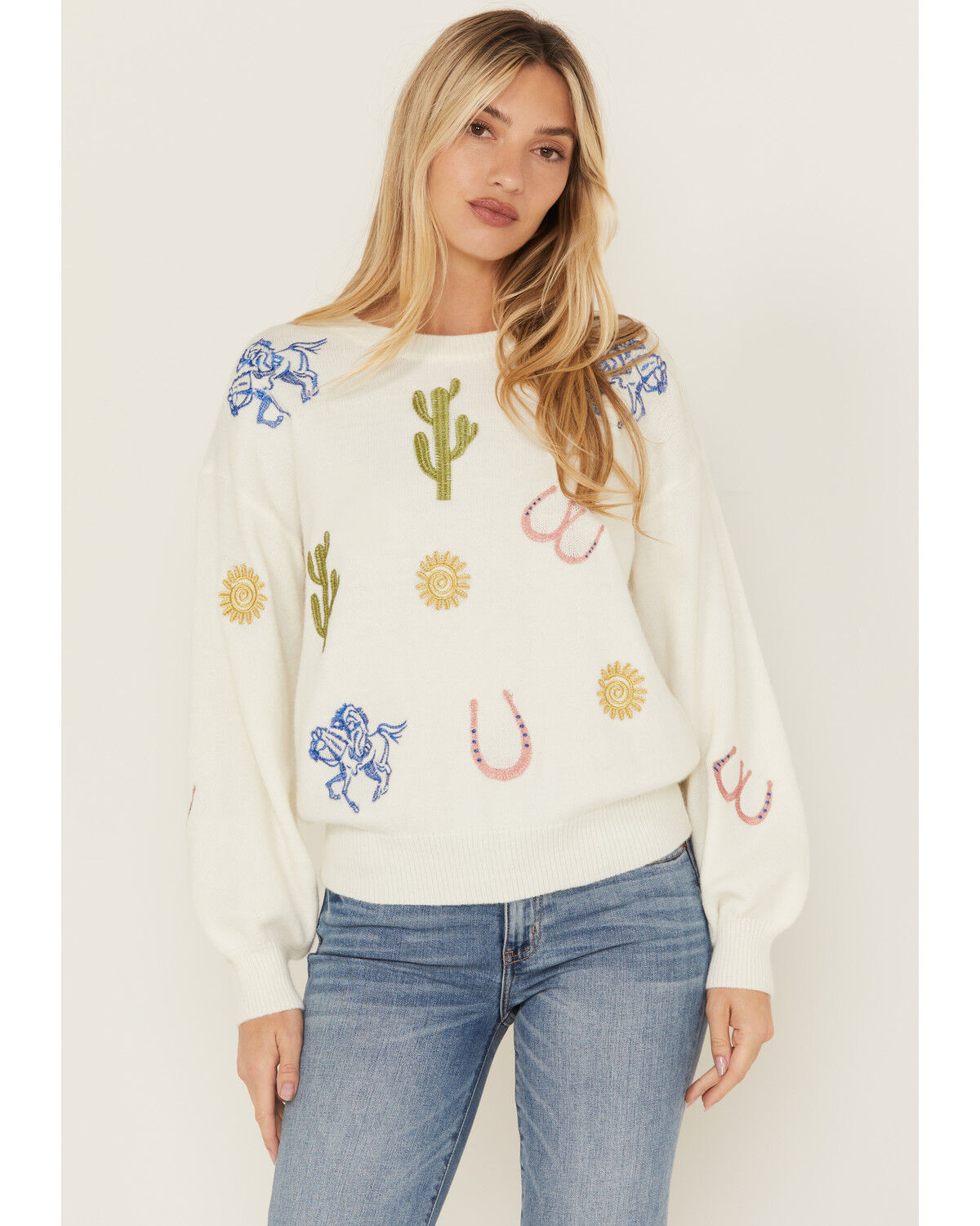 Image #1 - Blue B Women's Embroidered Conversation Print Sweater, White, hi-res