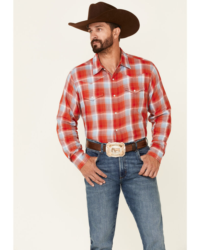 Wrangler Retro Premium Men's Red Large Plaid Long Sleeve Snap Western Shirt , Red, hi-res