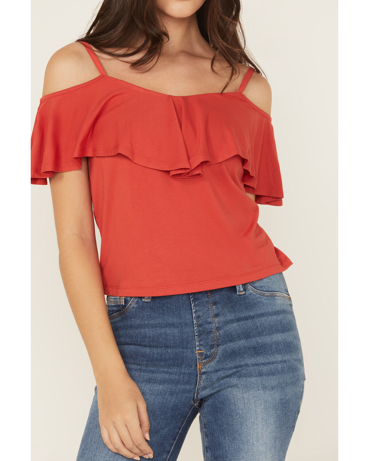 Image #3 - Shyanne Women's Cold Shoulder Ruffle Tank Top, Red, hi-res