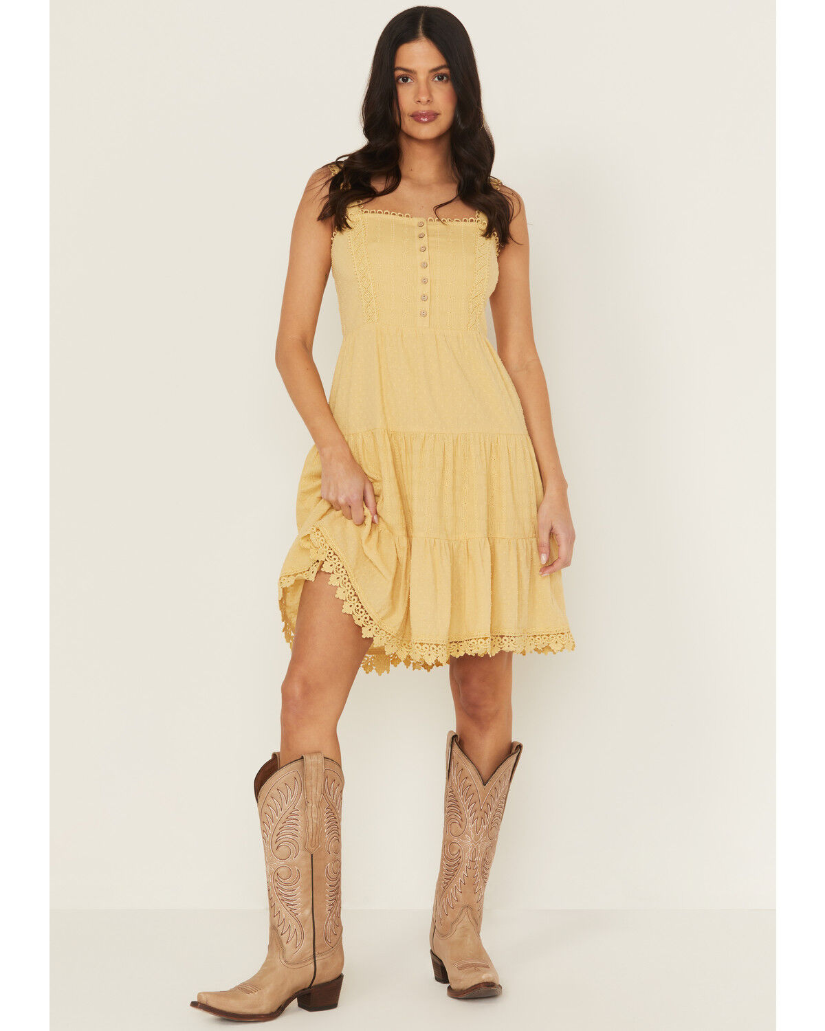 Image #1 - Miss Me Women's Eyelet Tiered Mini Dress, Yellow, hi-res
