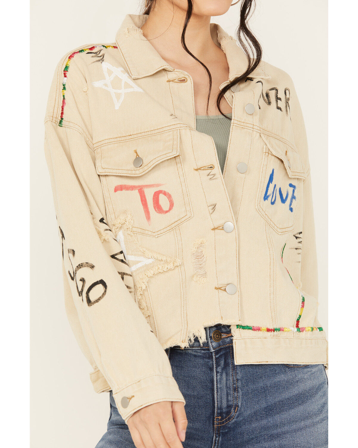 Image #3 - POL Women's Drawing Embellished Jacket, Cream, hi-res