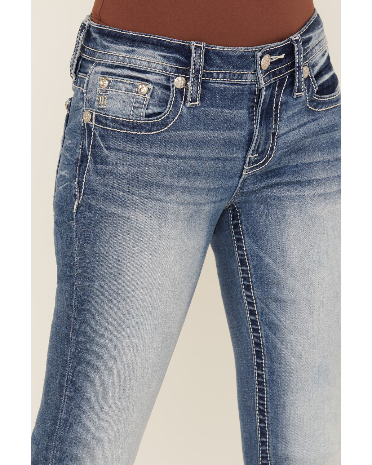 Image #4 - Miss Me Women's Medium Wash Mid Rise Steer Head Bootcut Stretch Denim Jeans, Medium Wash, hi-res