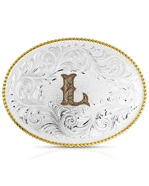Image #1 - Montana Silversmiths Classic Western Oval Two-Tone Initial Belt Buckle - L, Silver, hi-res