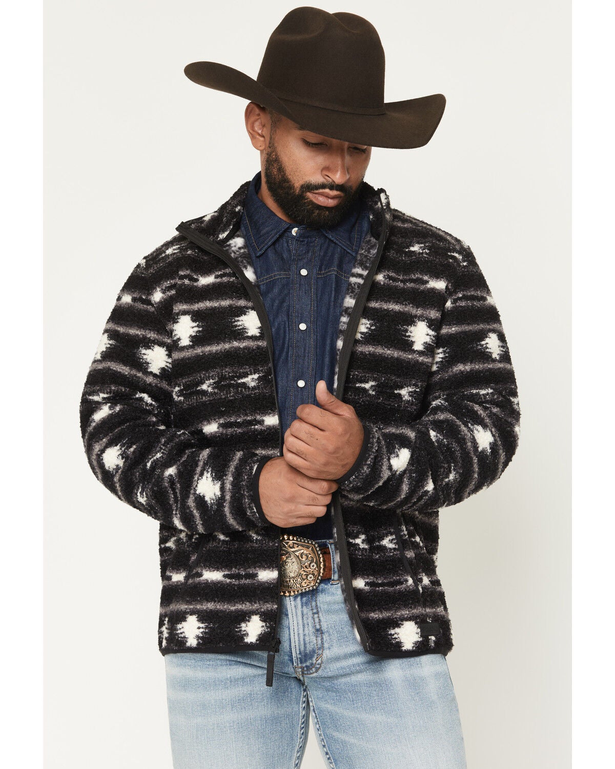 Image #1 - Rock & Roll Denim Men's Southwestern Striped Berber Jacket, Charcoal, hi-res