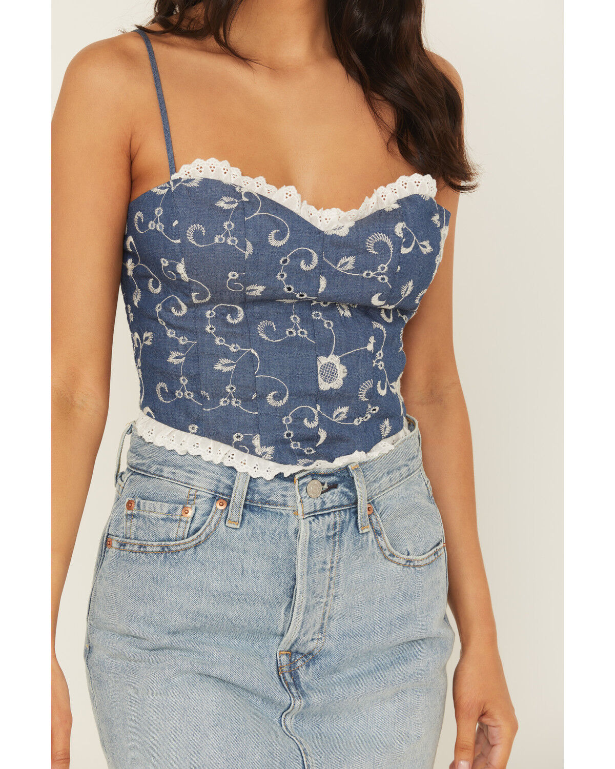 Image #3 - Shyanne Women's Embroidered Denim Corset, Blue, hi-res