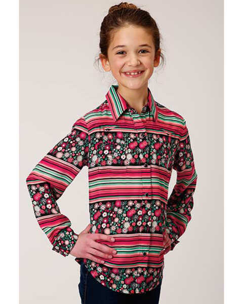 Roper Girls' Multi Floral and Stripe Long Sleeve Snap Western Shirt , Multi, hi-res
