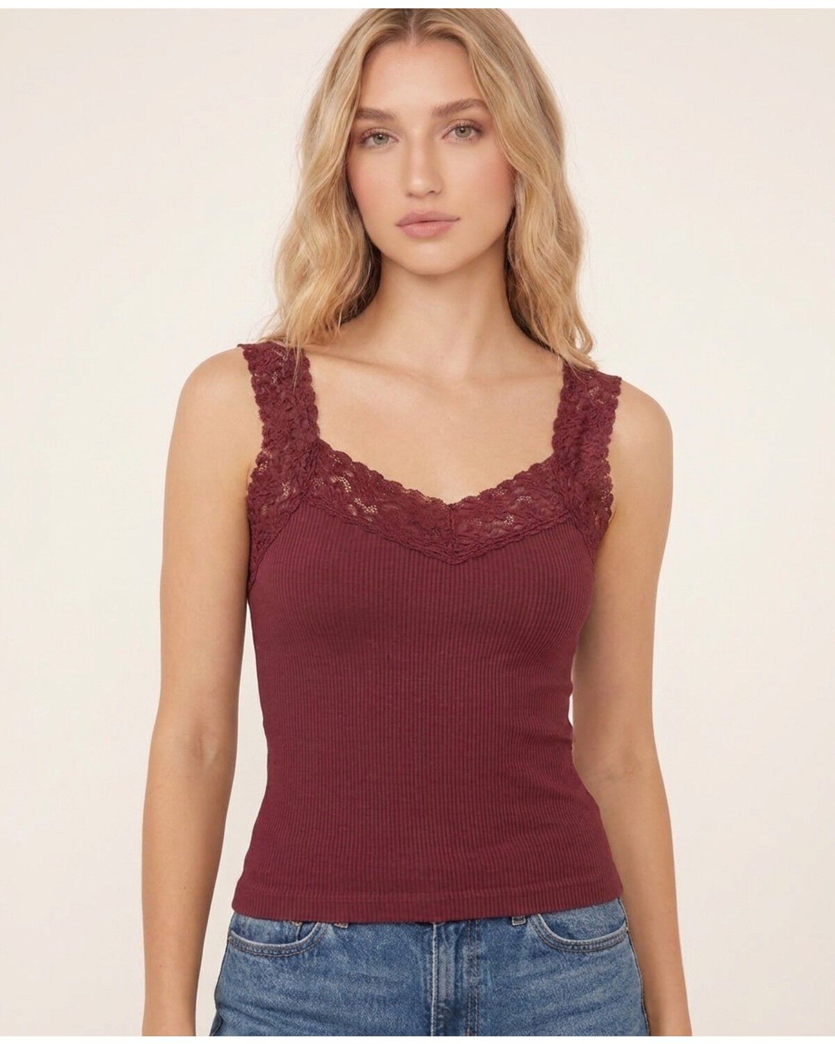 Image #1 - By Together Women's Lace Trim Ribbed Tank, Wine, hi-res