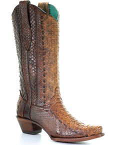 Corral Women's Tan Full Python Woven Cowgirl Boots - Snip Toe, Wheat, hi-res