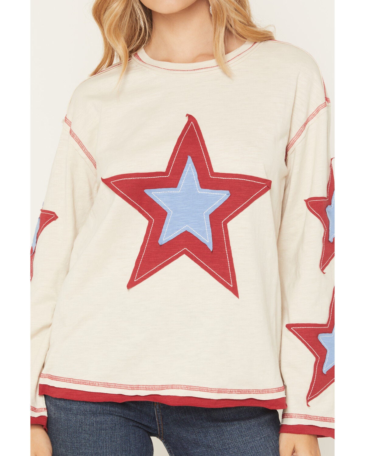 Image #3 - Blended Women's Long Sleeve Star Patchwork Top, Cream, hi-res