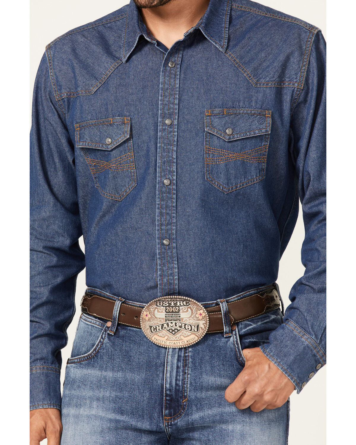 Image #3 - Blue Ranchwear Men's Medium Wash Long Sleeve Snap Western Denim Shirt, Medium Blue, hi-res