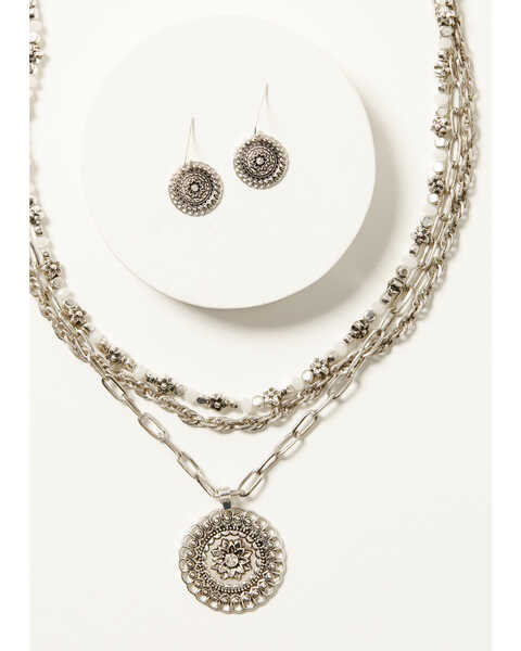 Image #1 - Shyanne Women's Layered Chain Floral Medallion Necklace & Earring Set - 2-Piece, Silver, hi-res