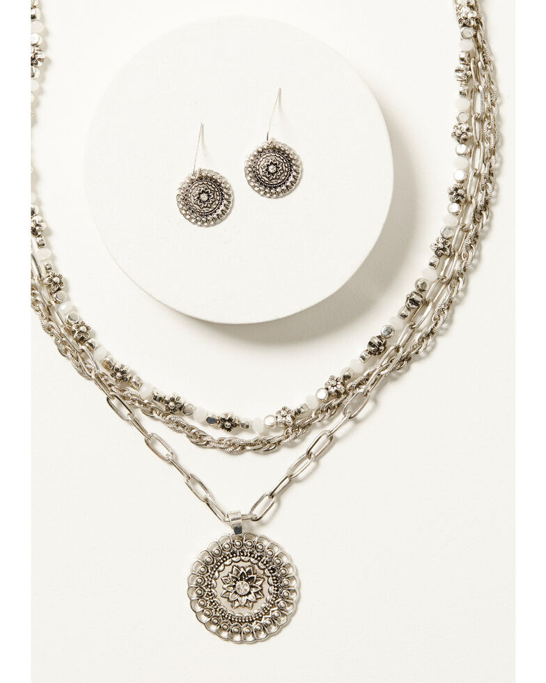 Shyanne Women's Layered Chain Floral Medallion Necklace & Earring Set - 2-Piece, Silver, hi-res