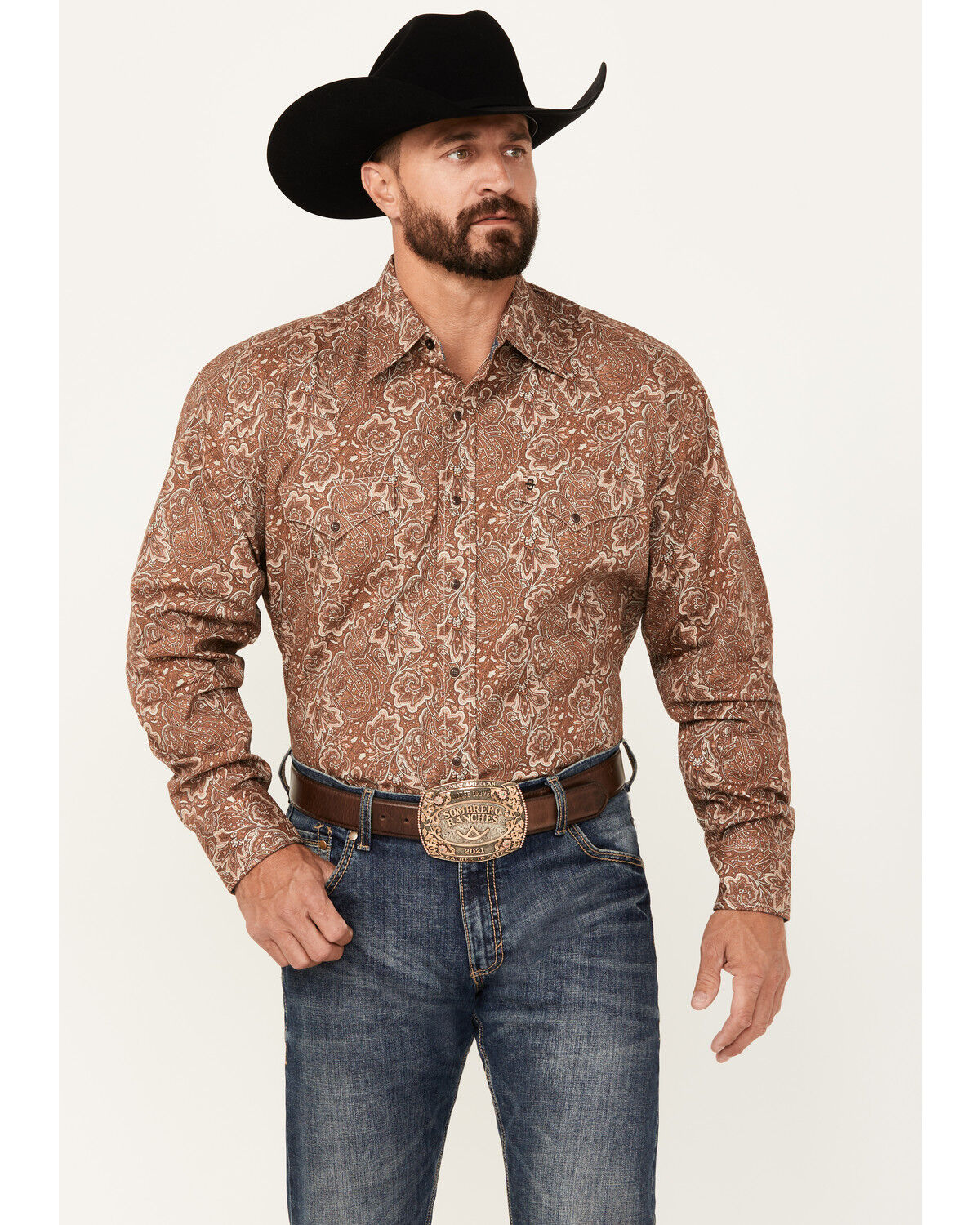 Image #1 - Stetson Men's Floral Paisley Print Long Sleeve Snap Western Shirt, Brown, hi-res