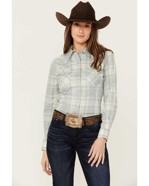 Wrangler Retro Women's Plaid Print Long Sleeve Pearl Snap Western Shirt , Slate, hi-res