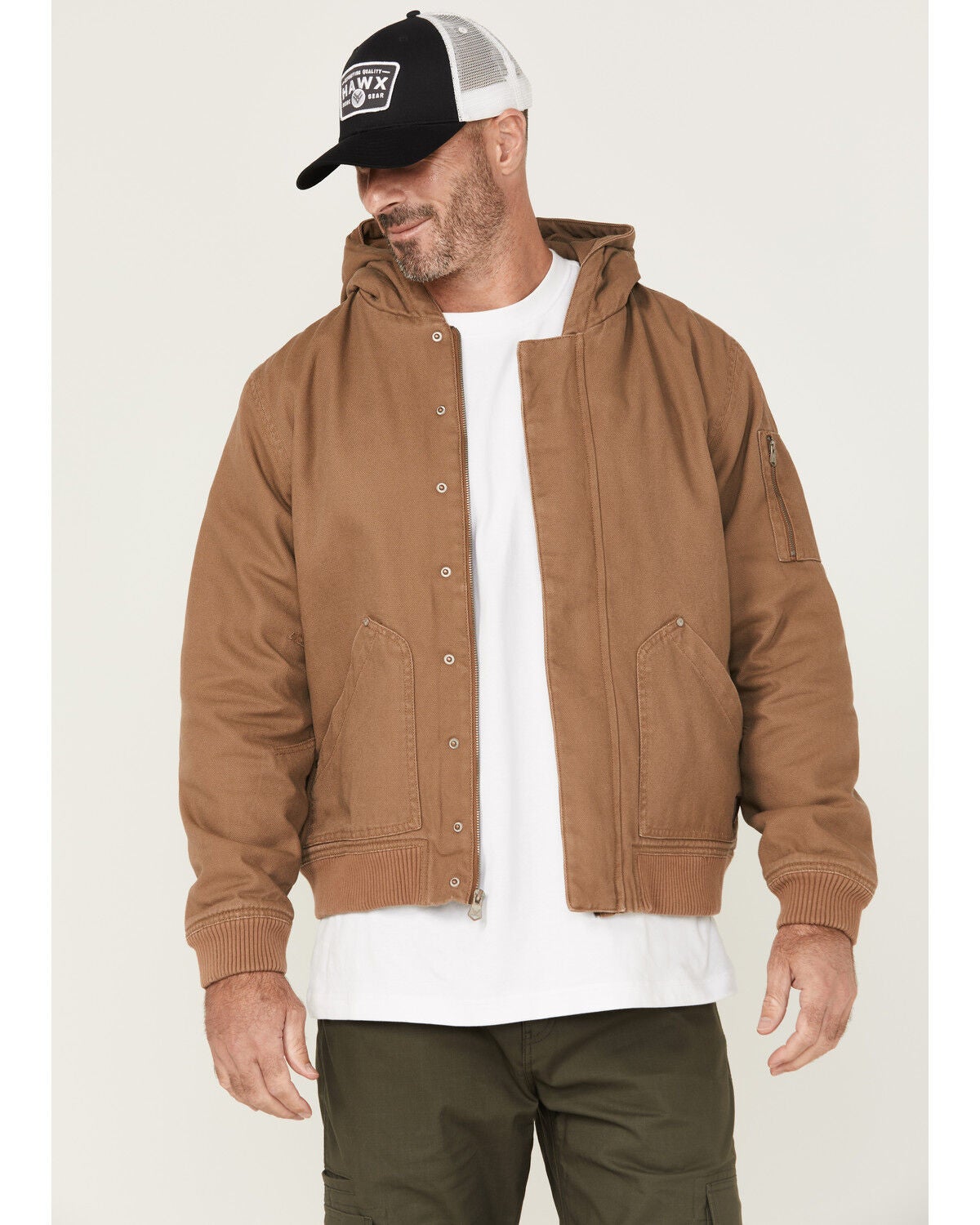Thorogood Men's Legacy Stone Washed Hooded Bomber Jacket, Heather Grey, hi-res