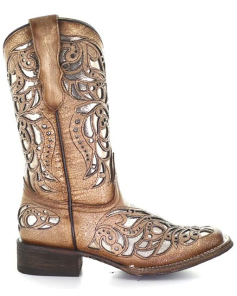 Corral Girls' Beige Shiny Inlay Western Boots - Wide Square Toe, Tan, hi-res