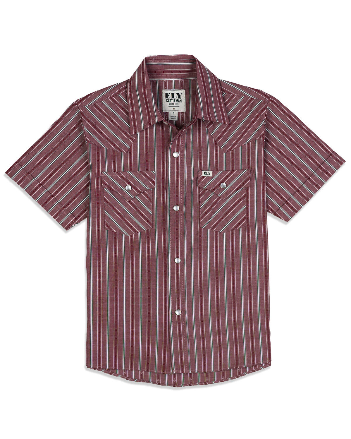 Image #1 - Ely Walker Boys' Dobby Striped Short Sleeve Pearl Snap Western Shirt, Red, hi-res