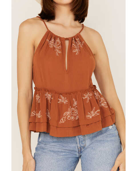 Image #3 - Shyanne Women's Textured Ruffle Embroidered Halter Keyhole Tank Top, Brown, hi-res