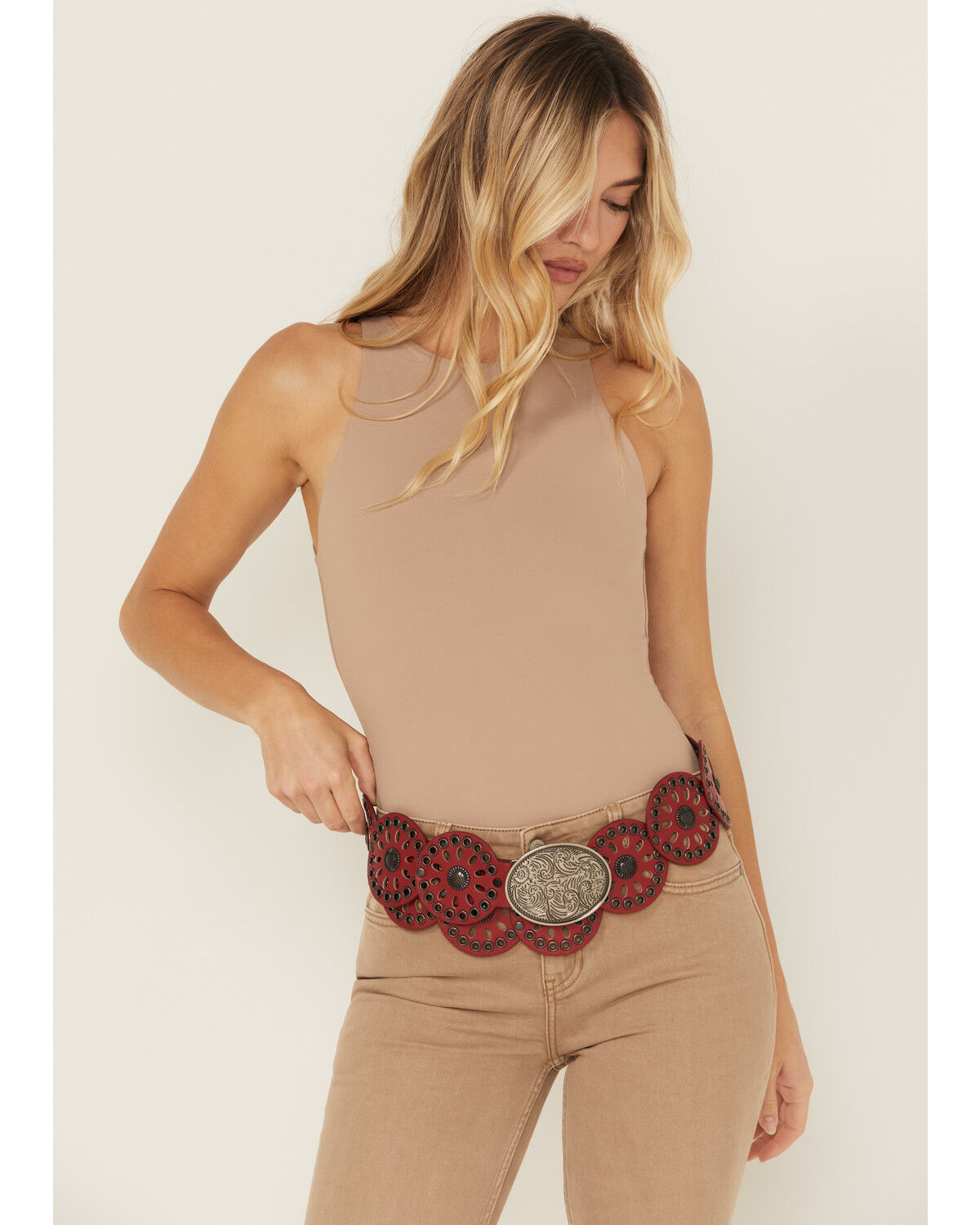 Image #1 - Cowgirls Rock Women's Round Concho Western Belt, Red, hi-res