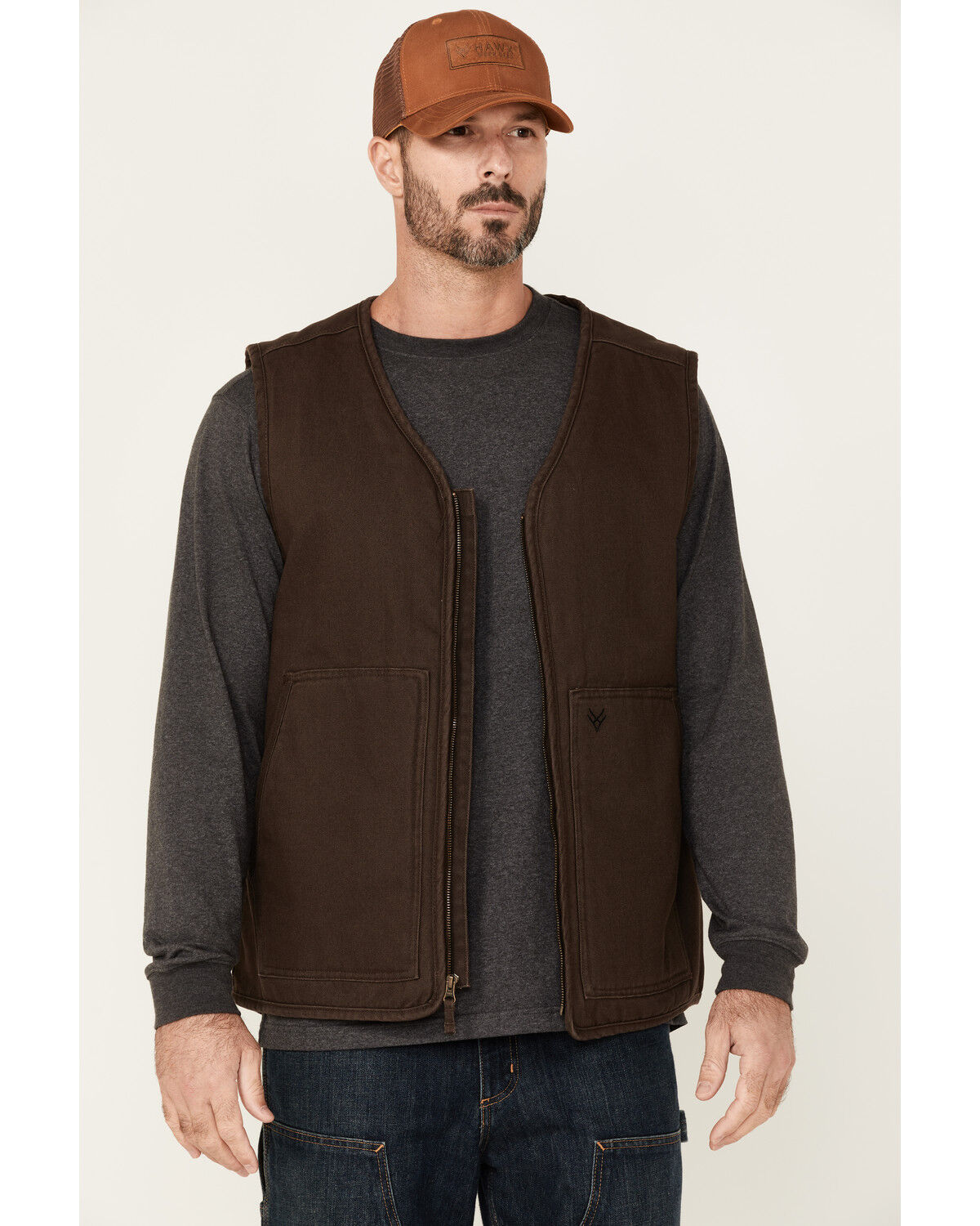 Image #1 - Hawx Men's Brown Weathered Canvas Zip-Front Sherpa Lined Work Vest, Brown, hi-res
