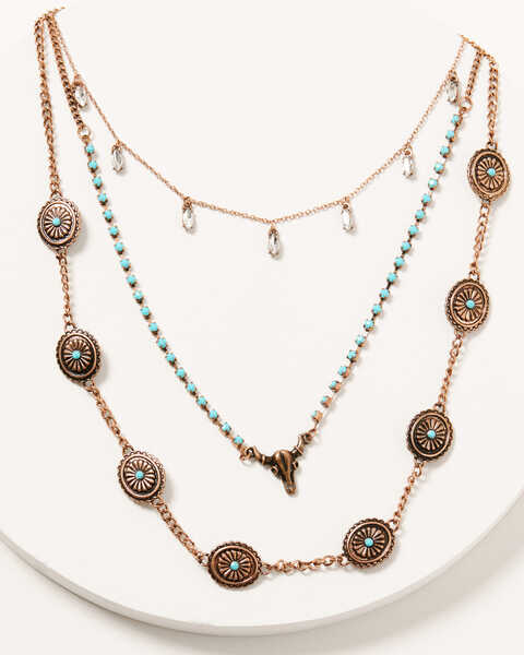 Image #1 - Shyanne Women's 3-layer Copper Concho & Turquoise Beaded Necklace Set, Rust Copper, hi-res