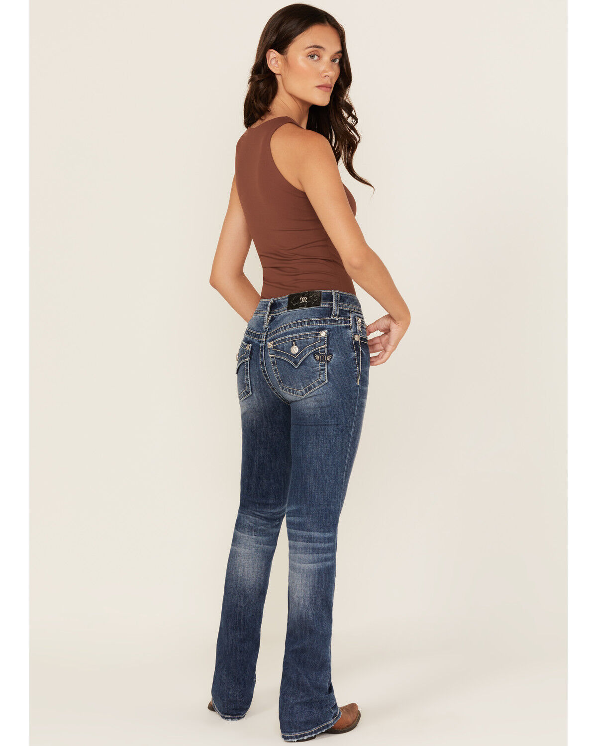 Image #1 - Miss Me Women's Medium Wash Mid Rise Bootcut Stretch Denim Jeans, Medium Wash, hi-res