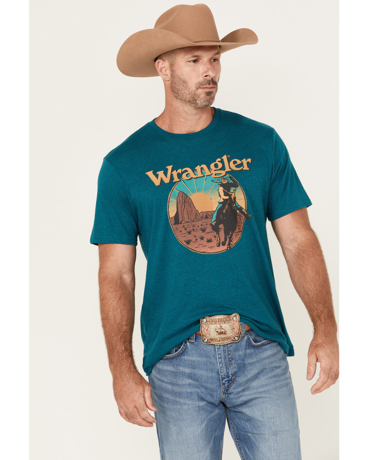 Image #1 - Wrangler Men's Scenic Cowboy Short Sleeve Graphic T-Shirt, Teal, hi-res