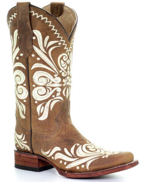 Circle G Women's Embroidery Western Boots - Square Toe, Tan, hi-res