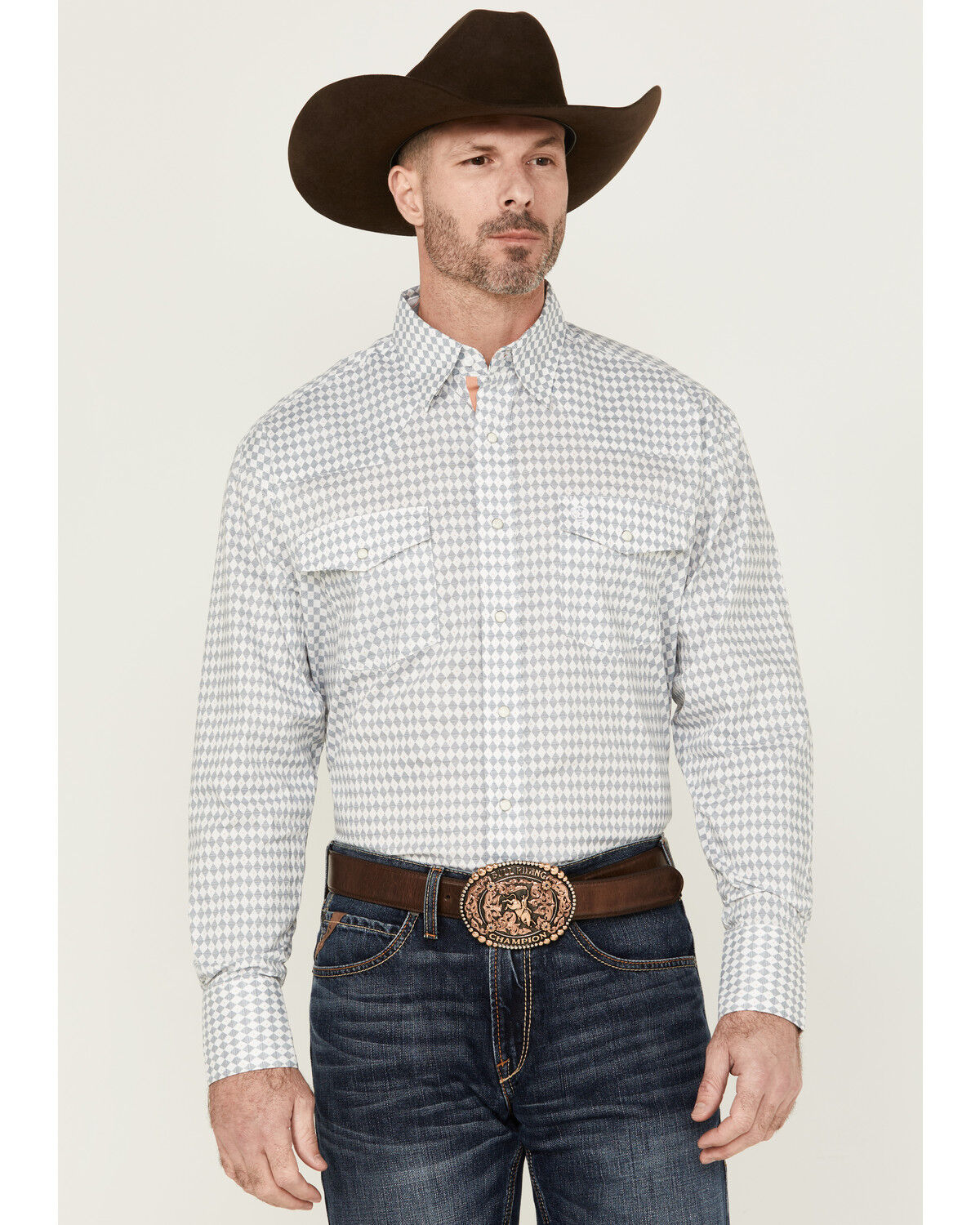 Image #1 - George Strait by Wrangler Men's Diamond Geo Print Long Sleeve Snap Stretch Western Shirt, White, hi-res