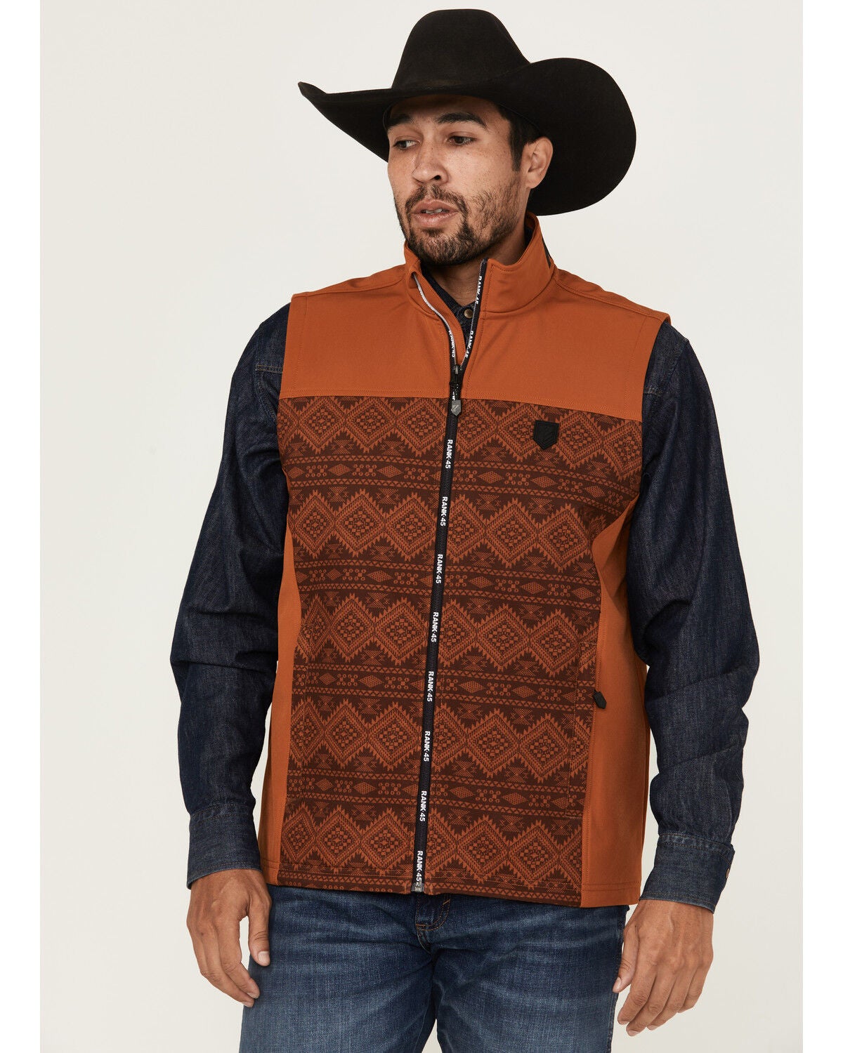 RANK 45&reg; Men's Southwestern Print Color Block Softshell Vest, Brown, hi-res