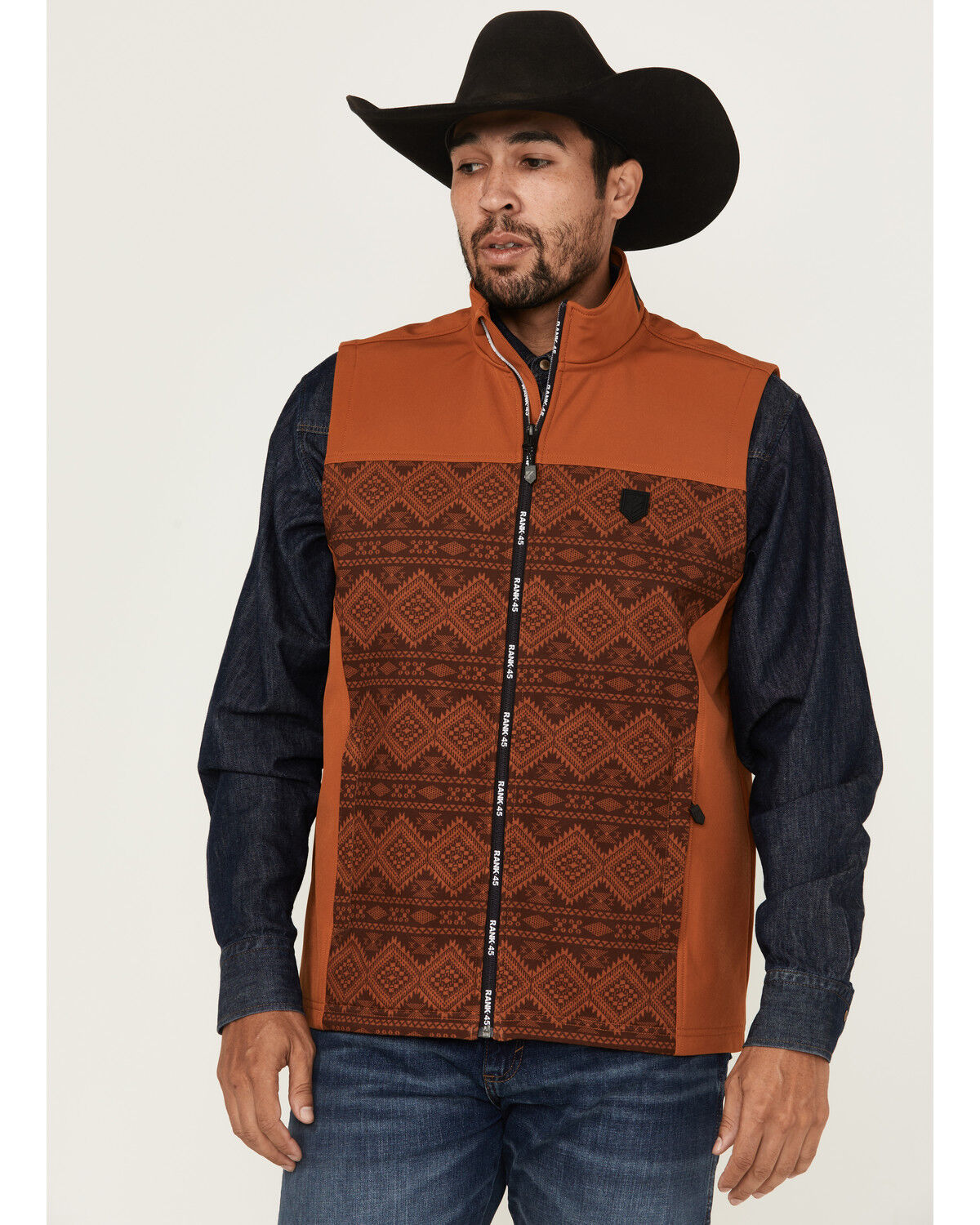 Image #1 - RANK 45® Men's Southwestern Print Color Block Softshell Vest, Brown, hi-res