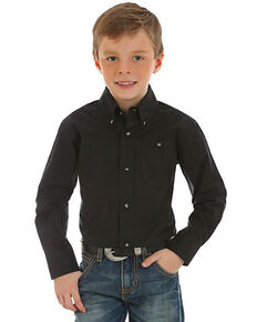 Wrangler Boys' Classic Solid Button Long Sleeve Shirt , Black, hi-res