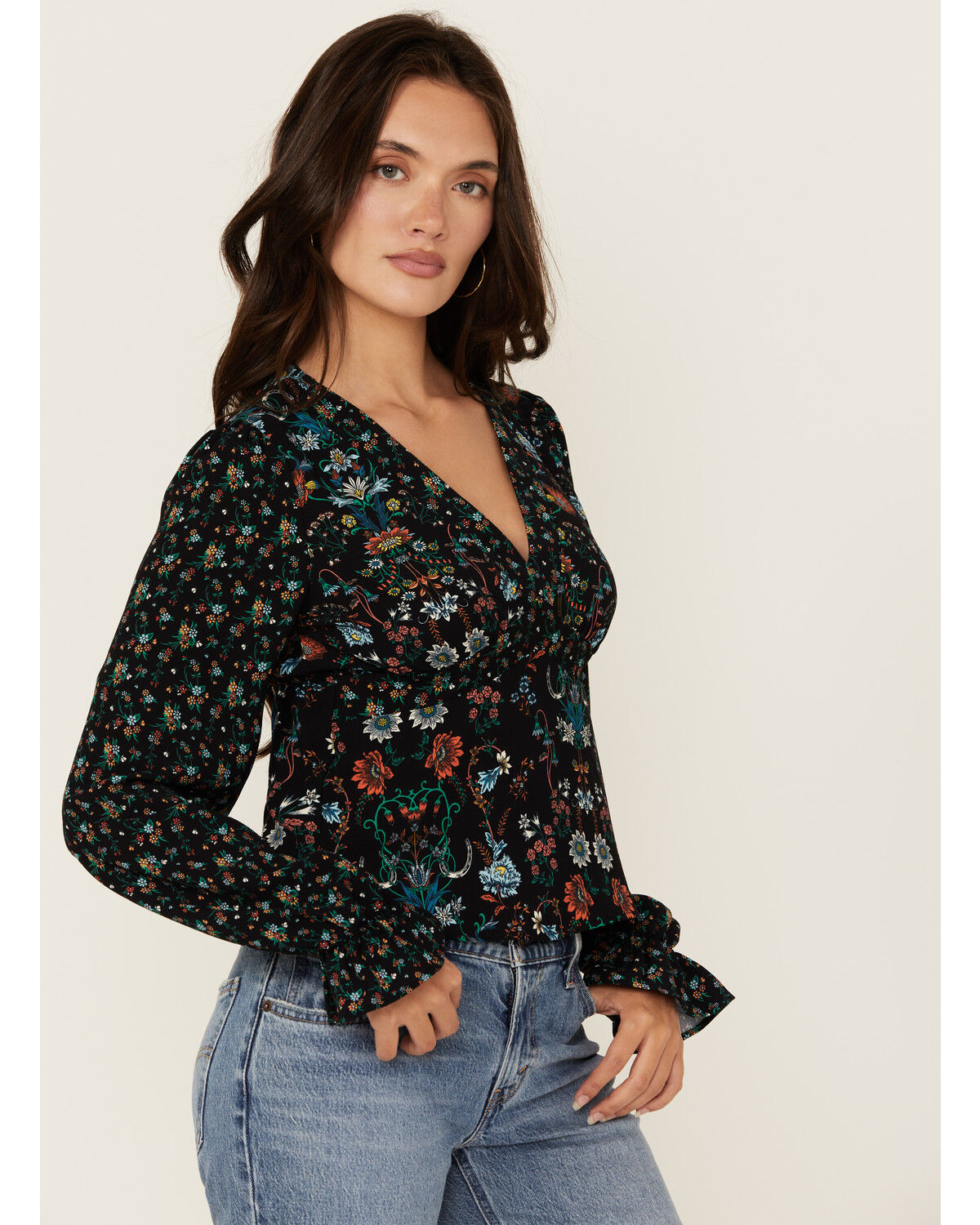 Image #1 - Rock & Roll Denim Women's Floral Print Long Sleeve Shirt, Black, hi-res