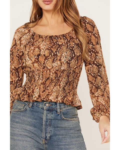 Image #3 - Shyanne Women's Snake Print Long Sleeve Peasant Blouse, Taupe, hi-res