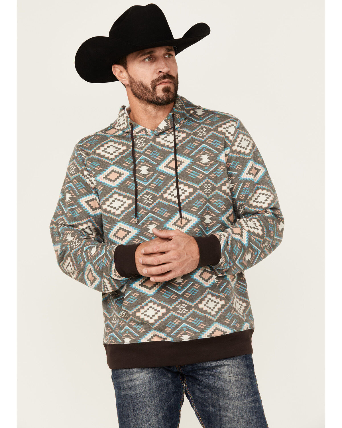Image #1 - Rock & Roll Denim Men's Southwestern Print Hooded Sweatshirt, Brown, hi-res